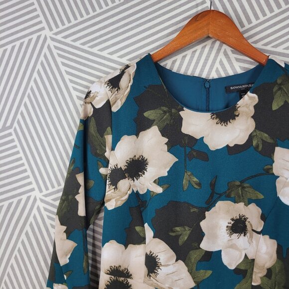 Banana Republic Shirt Dress Size 4 Petite Casual floral Teal Blue Poppy Rose - Picture 2 of 6